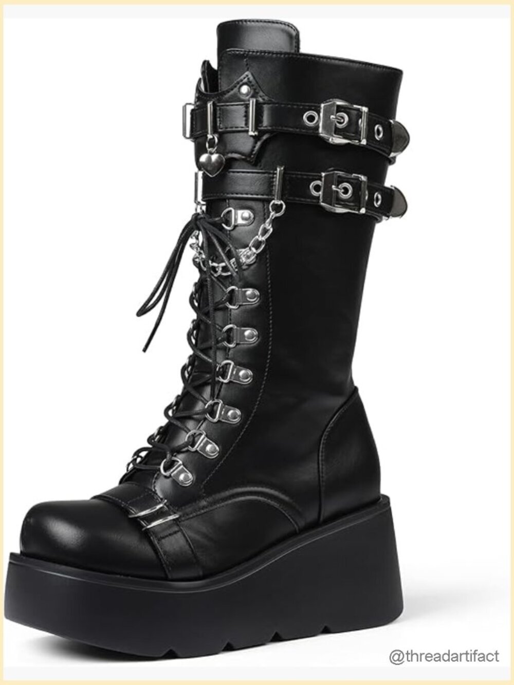 Chunky Heel Platform Boots Lace Up Mid-Calf Combat Gothic Wedge Shoes